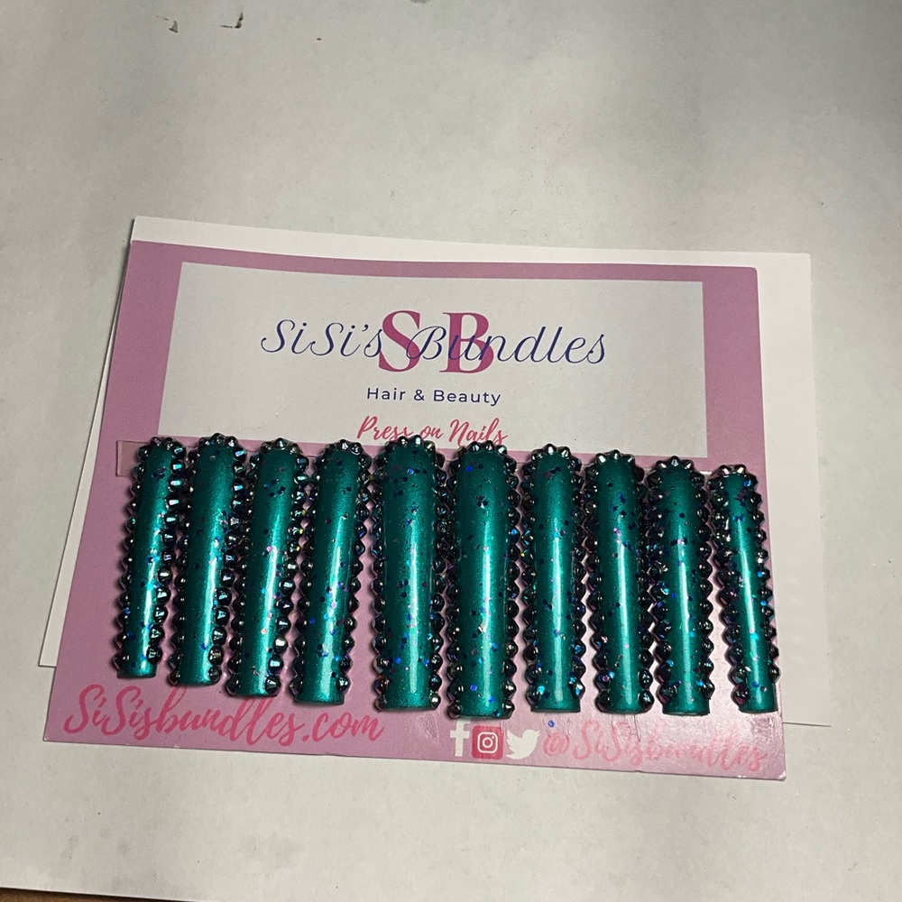 Teal Rhinestone Press-On Nails